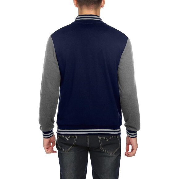 Men's Varsity Jacket Slim Fit Cotton Letterman Baseball Bomber Jacket Navy Grey - Picture 2 of 4